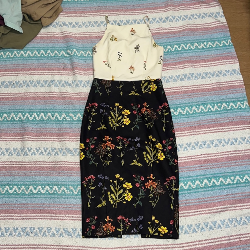 H&M black and cream midi dress with floral print